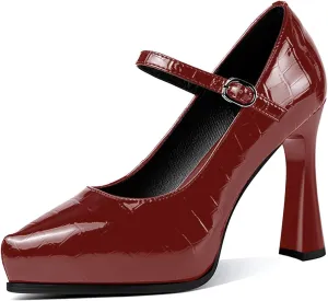 sarawill Women's Pointed Toe Mary Jane High Block Heels Fashion Crocodile Platform Pumps Evening Office Dressy High Heel Shoes for Ladies