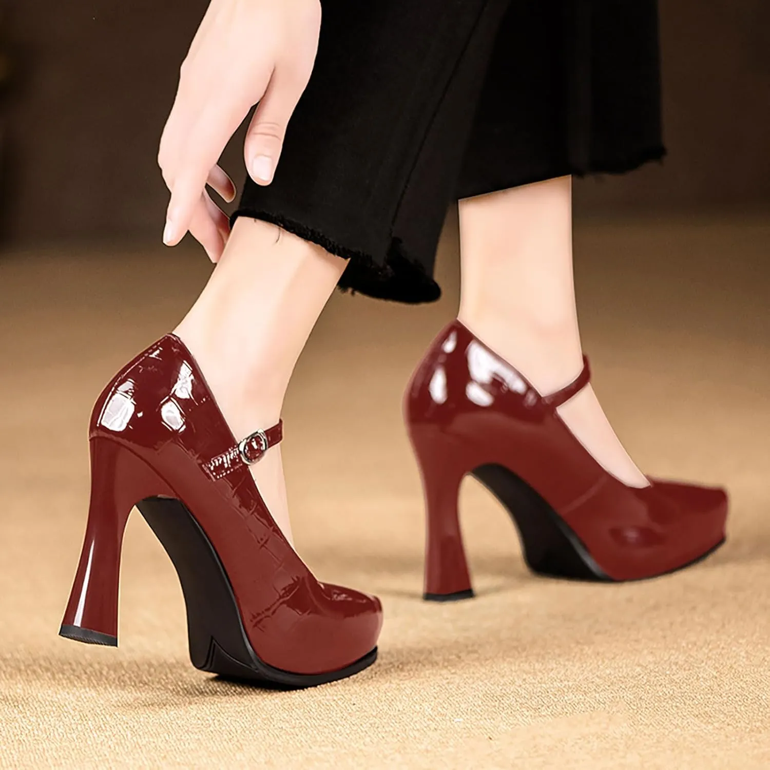 sarawill Women's Pointed Toe Mary Jane High Block Heels Fashion Crocodile Platform Pumps Evening Office Dressy High Heel Shoes for Ladies