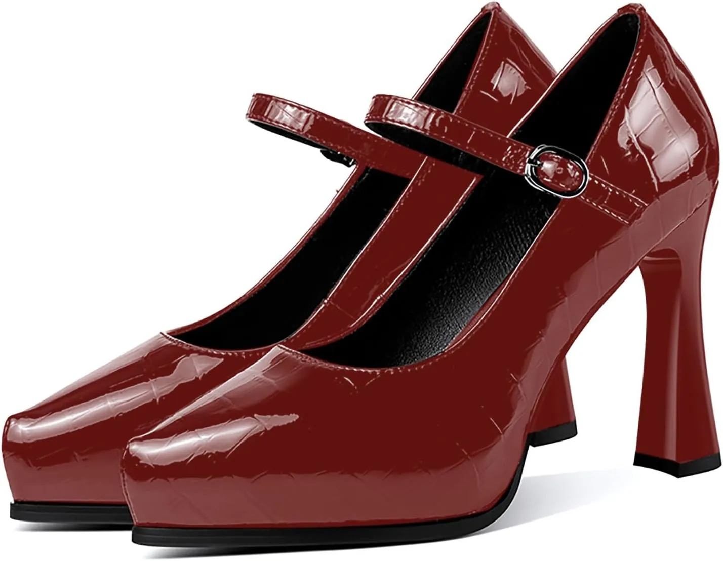 sarawill Women's Pointed Toe Mary Jane High Block Heels Fashion Crocodile Platform Pumps Evening Office Dressy High Heel Shoes for Ladies