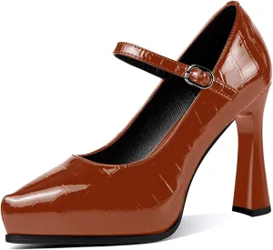 sarawill Women's Pointed Toe Mary Jane High Block Heels Fashion Crocodile Platform Pumps Evening Office Dressy High Heel Shoes for Ladies