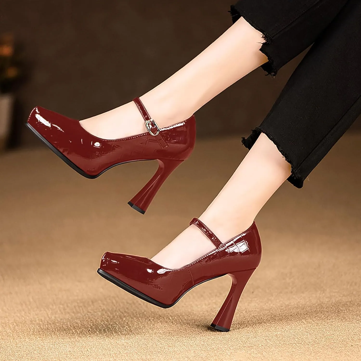 sarawill Women's Pointed Toe Mary Jane High Block Heels Fashion Crocodile Platform Pumps Evening Office Dressy High Heel Shoes for Ladies