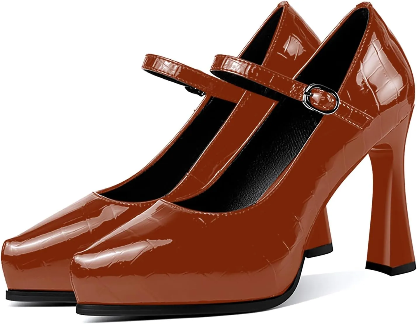sarawill Women's Pointed Toe Mary Jane High Block Heels Fashion Crocodile Platform Pumps Evening Office Dressy High Heel Shoes for Ladies
