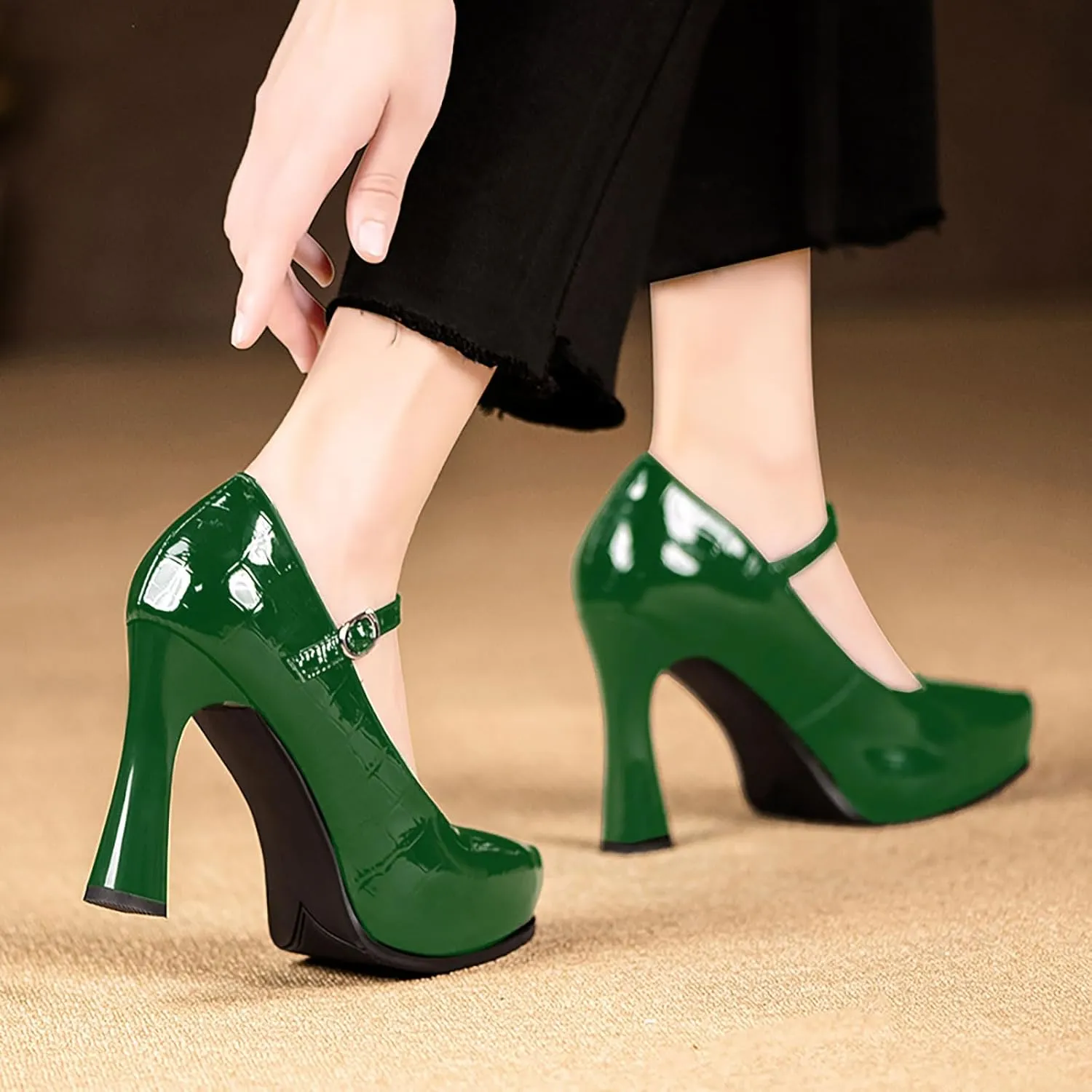 sarawill Women's Pointed Toe Mary Jane High Block Heels Fashion Crocodile Platform Pumps Evening Office Dressy High Heel Shoes for Ladies