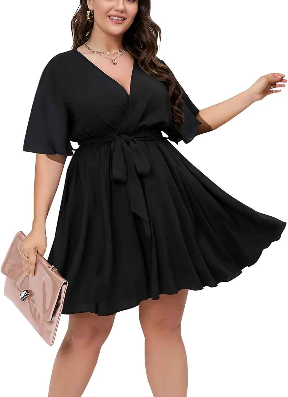SCOMCHIC Women's Plus Size Summer Dresses Short Sleeve Wrap V Neck A Line Skater Mini Short Dress XL-4XL