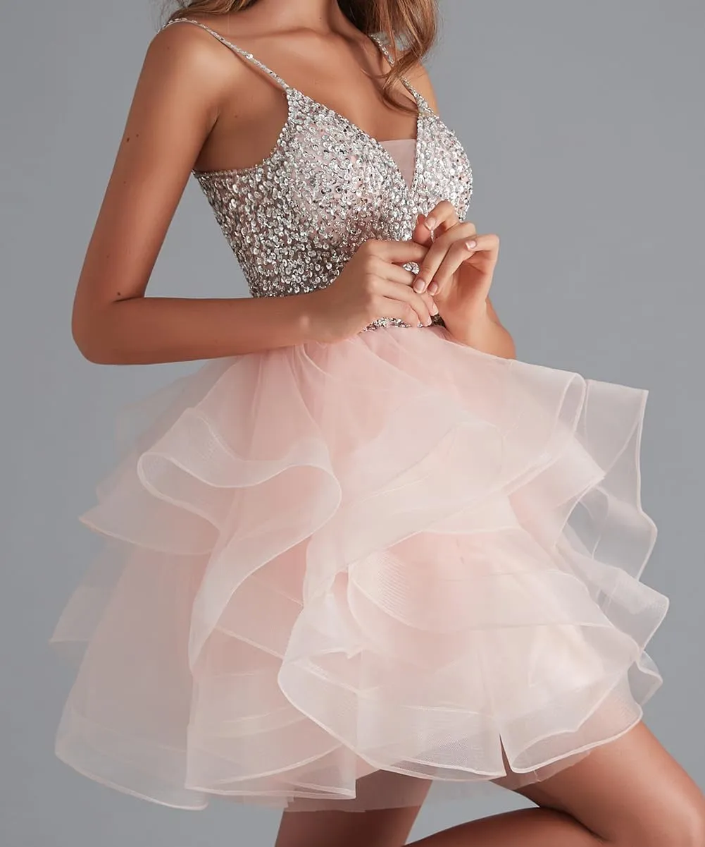Sequins Beads Short Puffy Prom Dress Homecoming Dress Tulle Ball Gown Sweet 16 Dresses for Teens