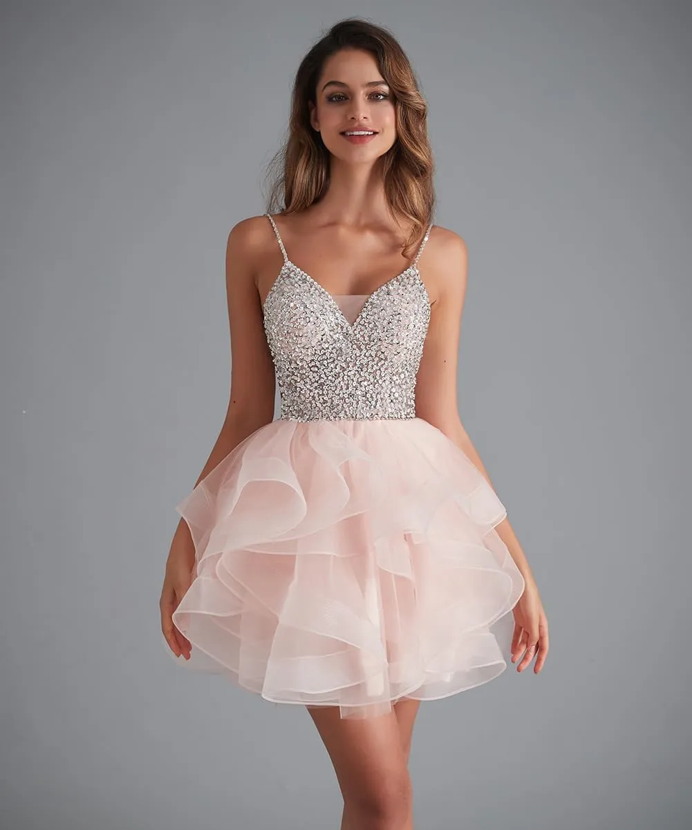 Sequins Beads Short Puffy Prom Dress Homecoming Dress Tulle Ball Gown Sweet 16 Dresses for Teens