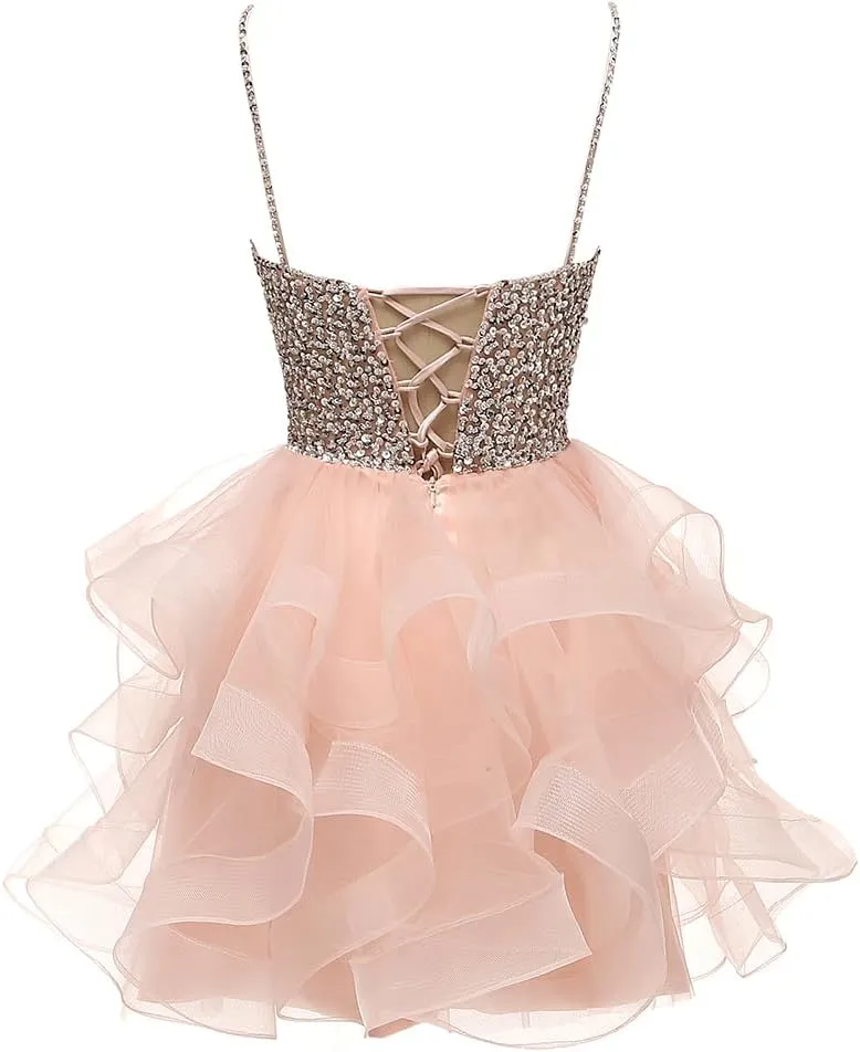 Sequins Beads Short Puffy Prom Dress Homecoming Dress Tulle Ball Gown Sweet 16 Dresses for Teens