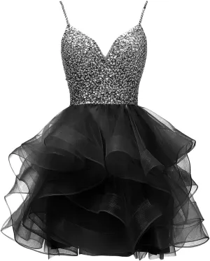 Sequins Beads Short Puffy Prom Dress Homecoming Dress Tulle Ball Gown Sweet 16 Dresses for Teens