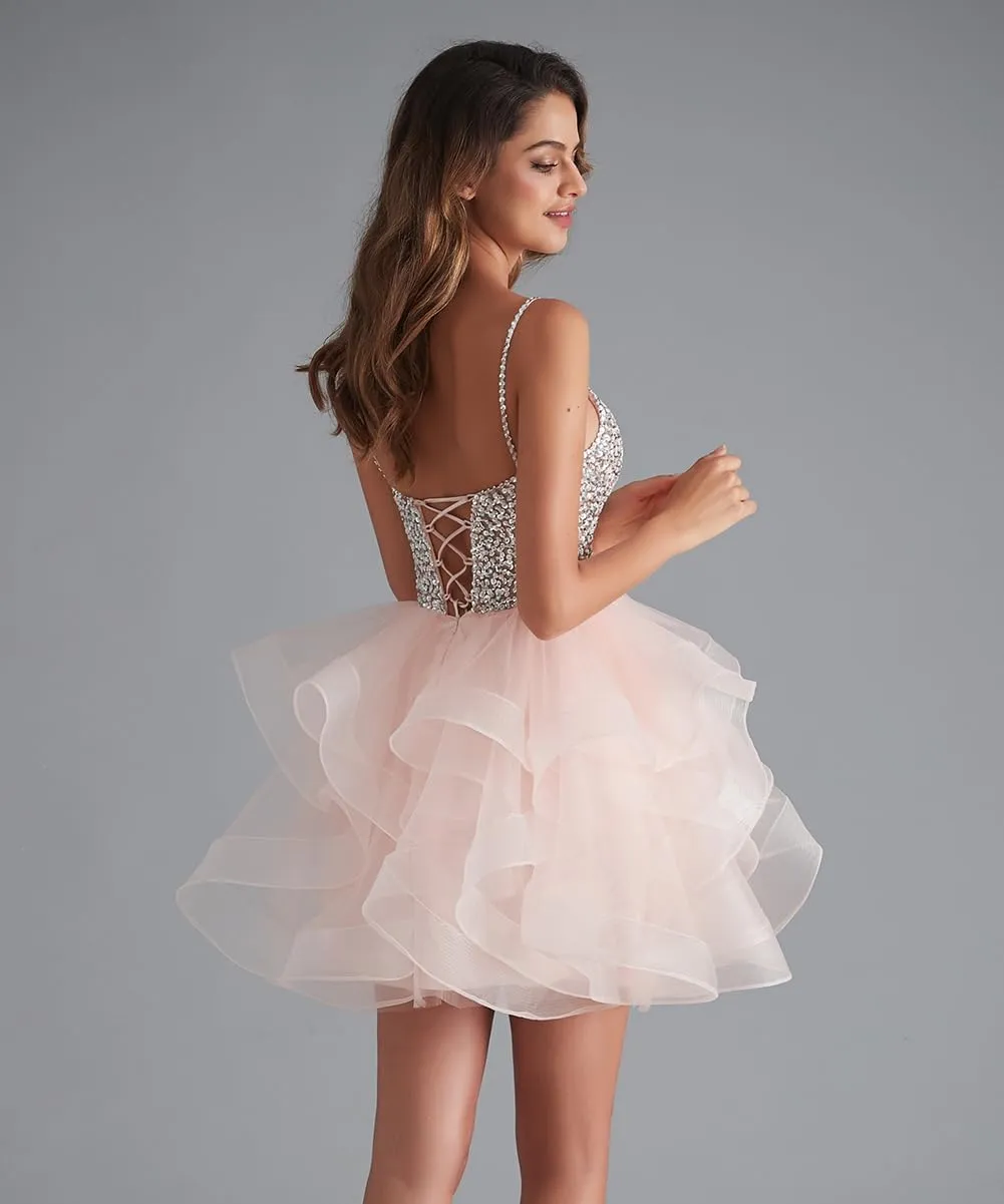 Sequins Beads Short Puffy Prom Dress Homecoming Dress Tulle Ball Gown Sweet 16 Dresses for Teens