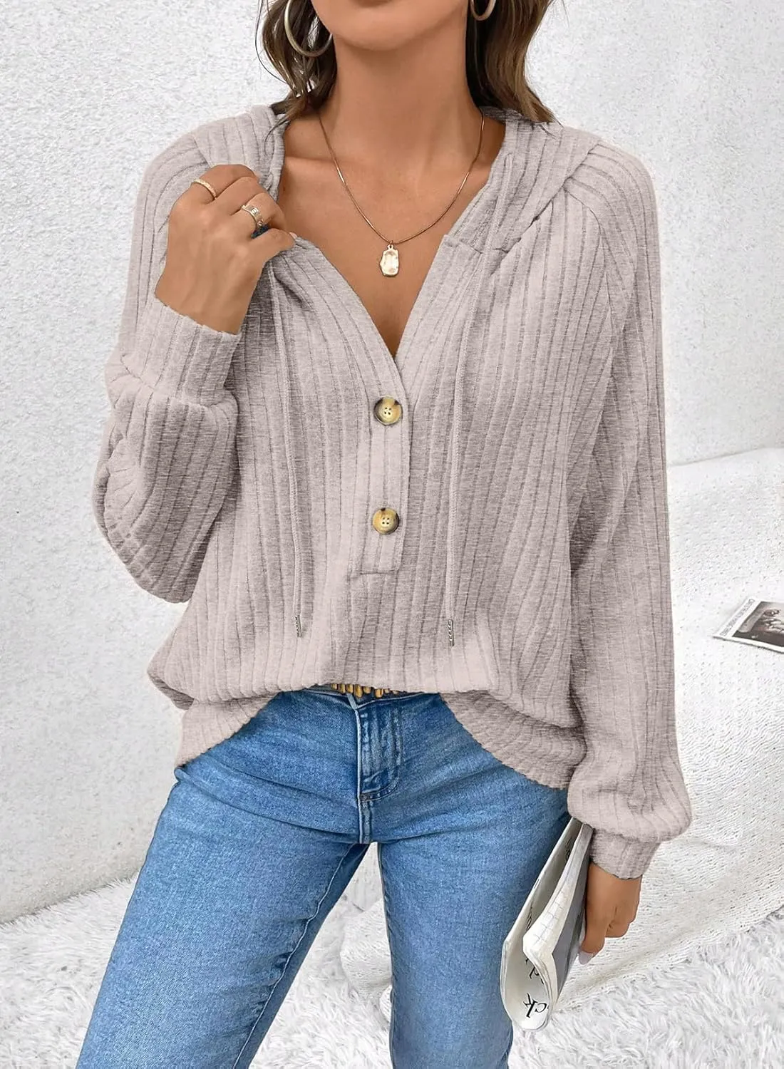 SHEWIN Women's Fashion Casual V Neck Sweaters Oversized Hoodies Sweatshirts Fall Tops for Women 2025