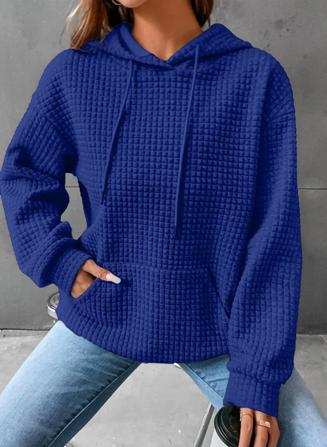SHEWIN Womens Hoodies Casual Long Sleeve Drawstring Waffle Pullover Tops Loose Hooded Sweatshirt with Pocket