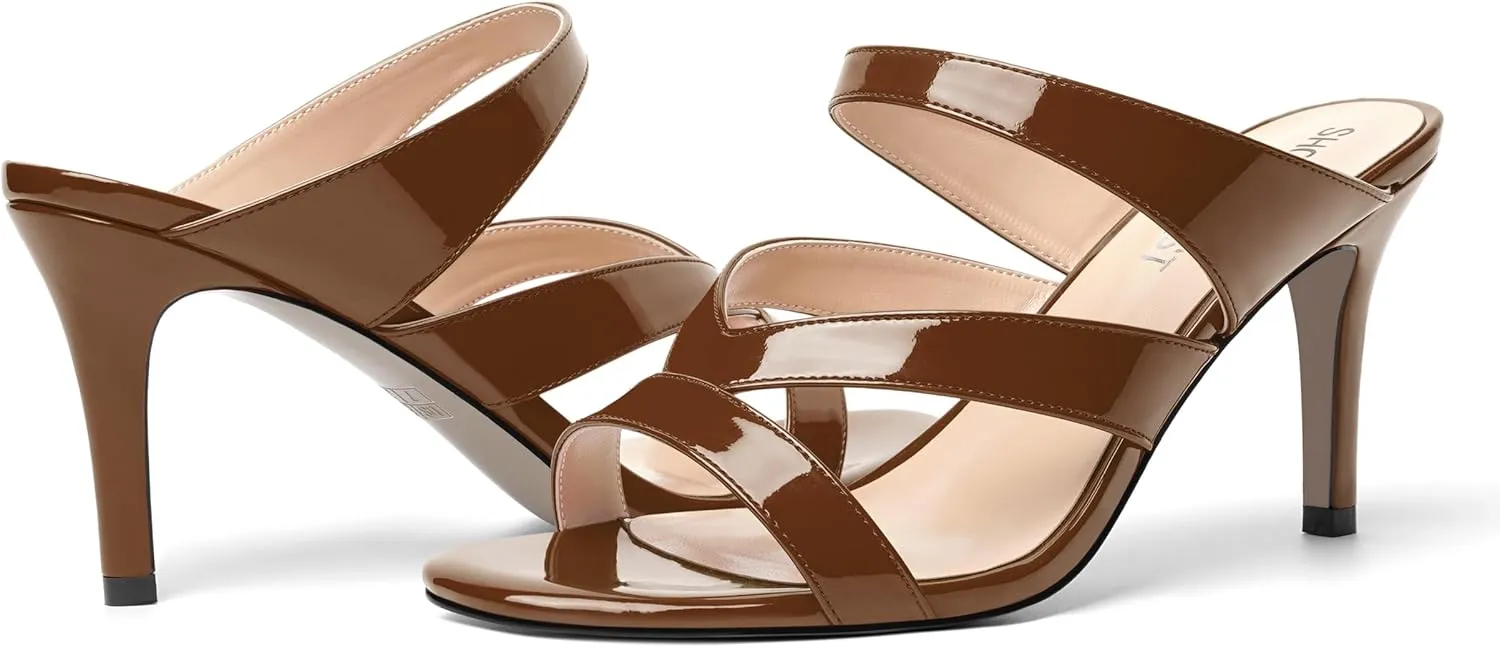 SHOWFOREST Womens Round Toe Solid Party Casual Slip On Patent Stiletto High Heel Heeled Sandals 3.3 Inch