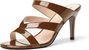 SHOWFOREST Womens Round Toe Solid Party Casual Slip On Patent Stiletto High Heel Heeled Sandals 3.3 Inch
