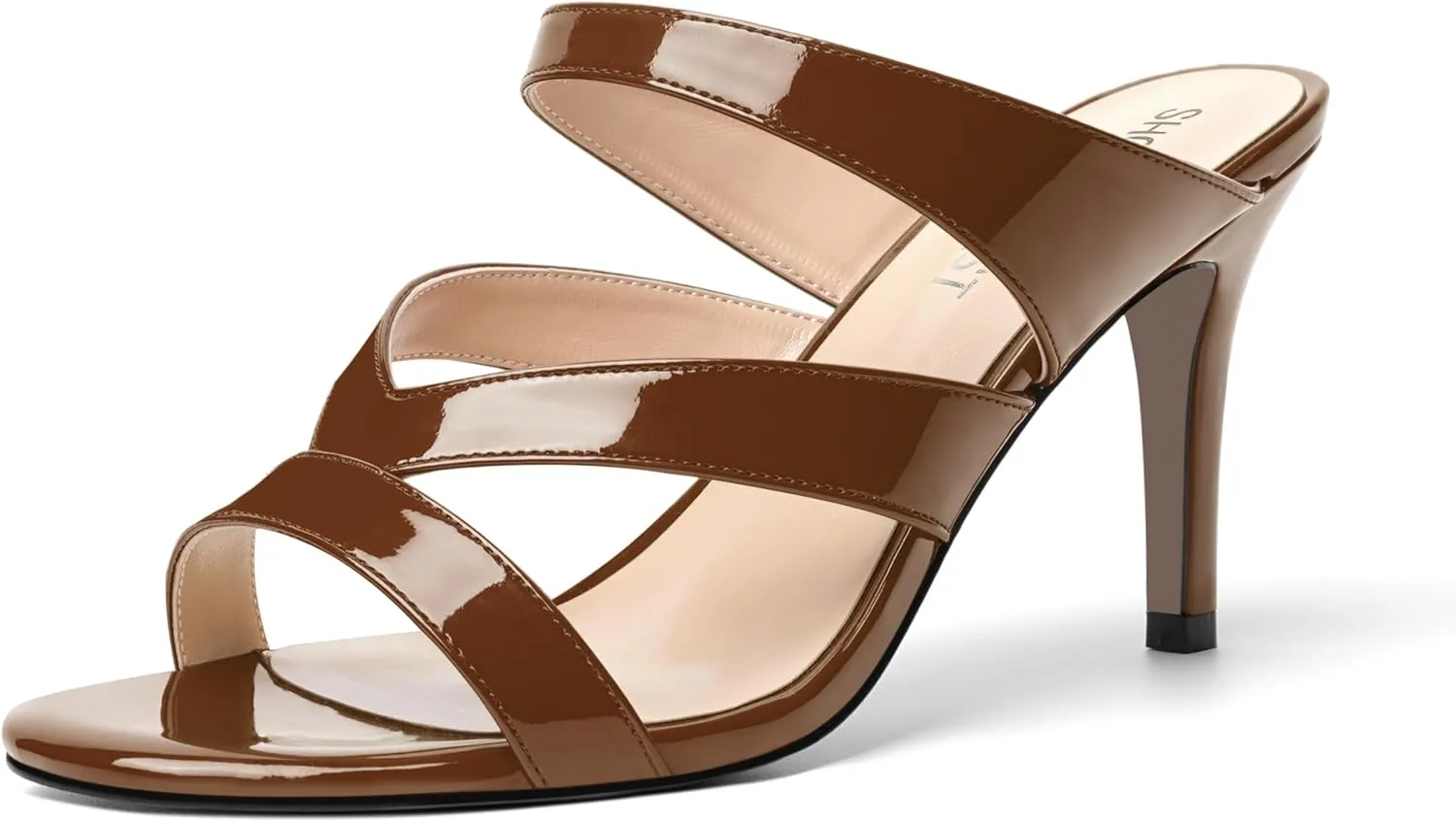 SHOWFOREST Womens Round Toe Solid Party Casual Slip On Patent Stiletto High Heel Heeled Sandals 3.3 Inch