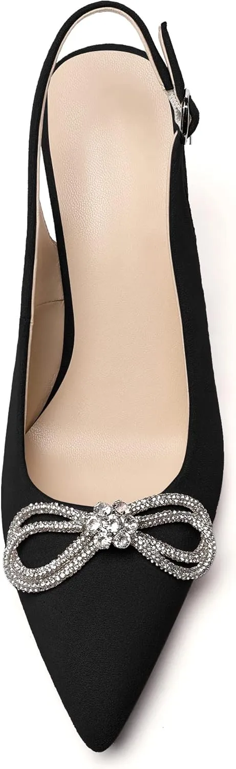 Soireelady Women's Slingback High Heels Rhinestones Bow Closed pointed Toe Ankle Strap Slim Thin Heel Pumps for Wedding Evening Party Dress Shoes 3.5 Inches