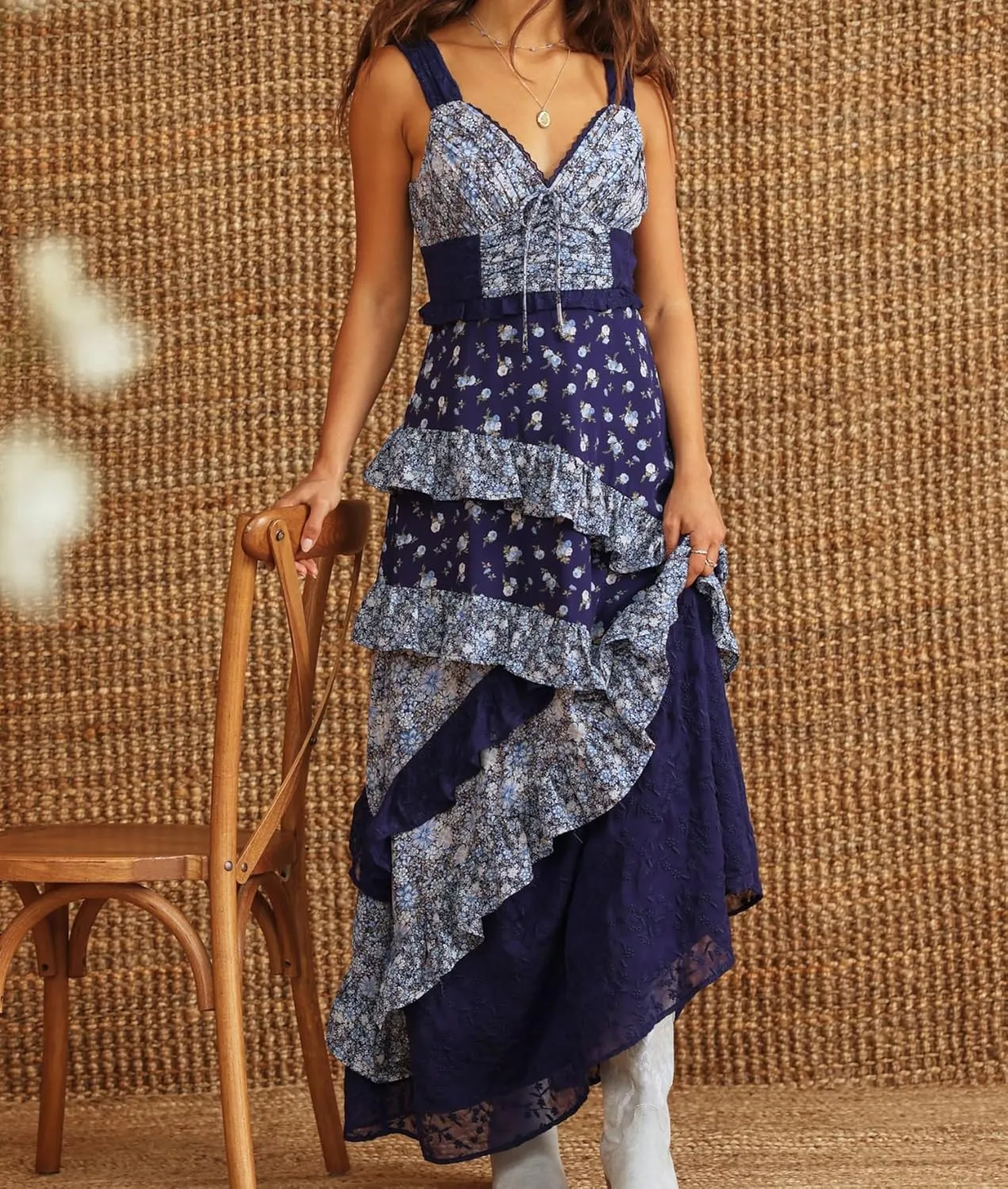 SOLILOQUY Women Y2K Boho Maxi Dress Floral Lace Sheer Patchwork Tiered Flowy Cami Long Dress Summer Smocked Beach Sundress
