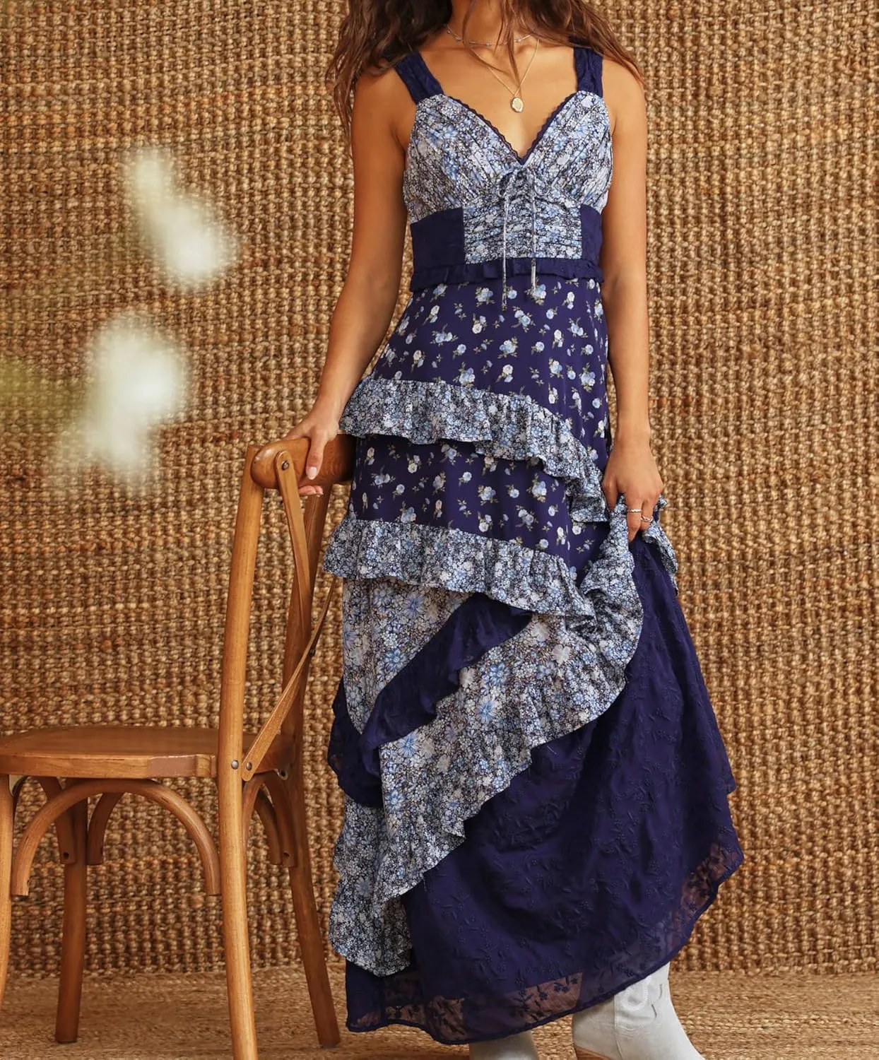 SOLILOQUY Women Y2K Boho Maxi Dress Floral Lace Sheer Patchwork Tiered Flowy Cami Long Dress Summer Smocked Beach Sundress