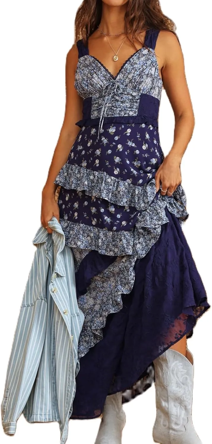SOLILOQUY Women Y2K Boho Maxi Dress Floral Lace Sheer Patchwork Tiered Flowy Cami Long Dress Summer Smocked Beach Sundress