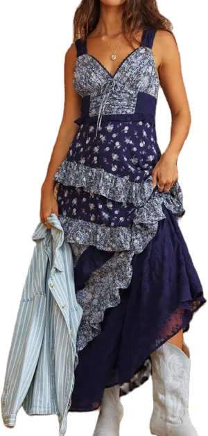 SOLILOQUY Women Y2K Boho Maxi Dress Floral Lace Sheer Patchwork Tiered Flowy Cami Long Dress Summer Smocked Beach Sundress