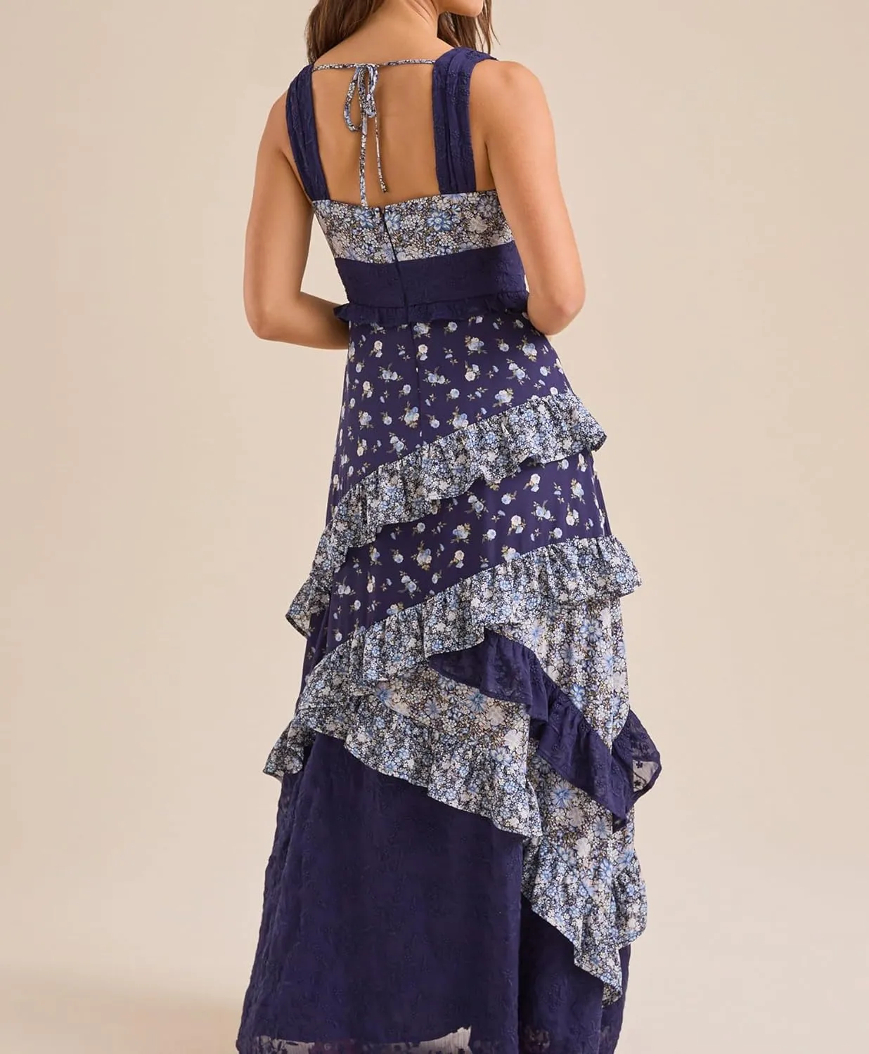 SOLILOQUY Women Y2K Boho Maxi Dress Floral Lace Sheer Patchwork Tiered Flowy Cami Long Dress Summer Smocked Beach Sundress