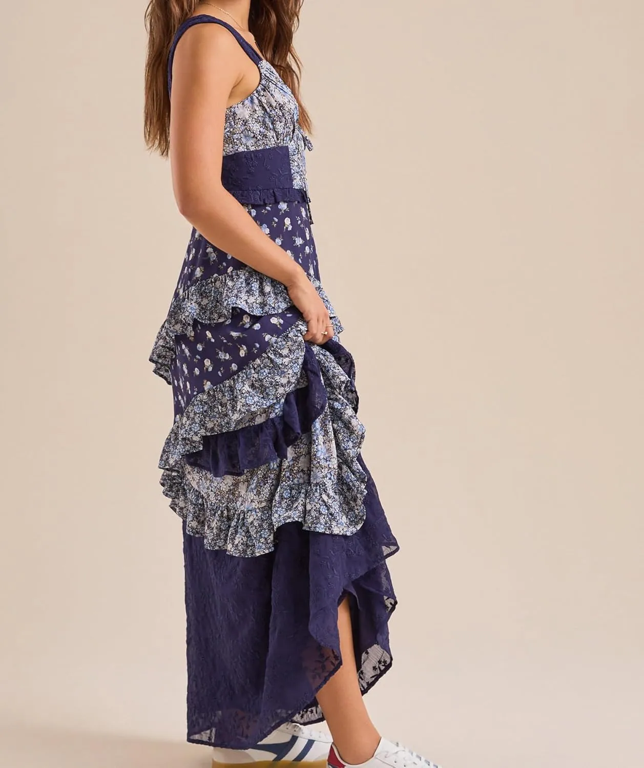 SOLILOQUY Women Y2K Boho Maxi Dress Floral Lace Sheer Patchwork Tiered Flowy Cami Long Dress Summer Smocked Beach Sundress