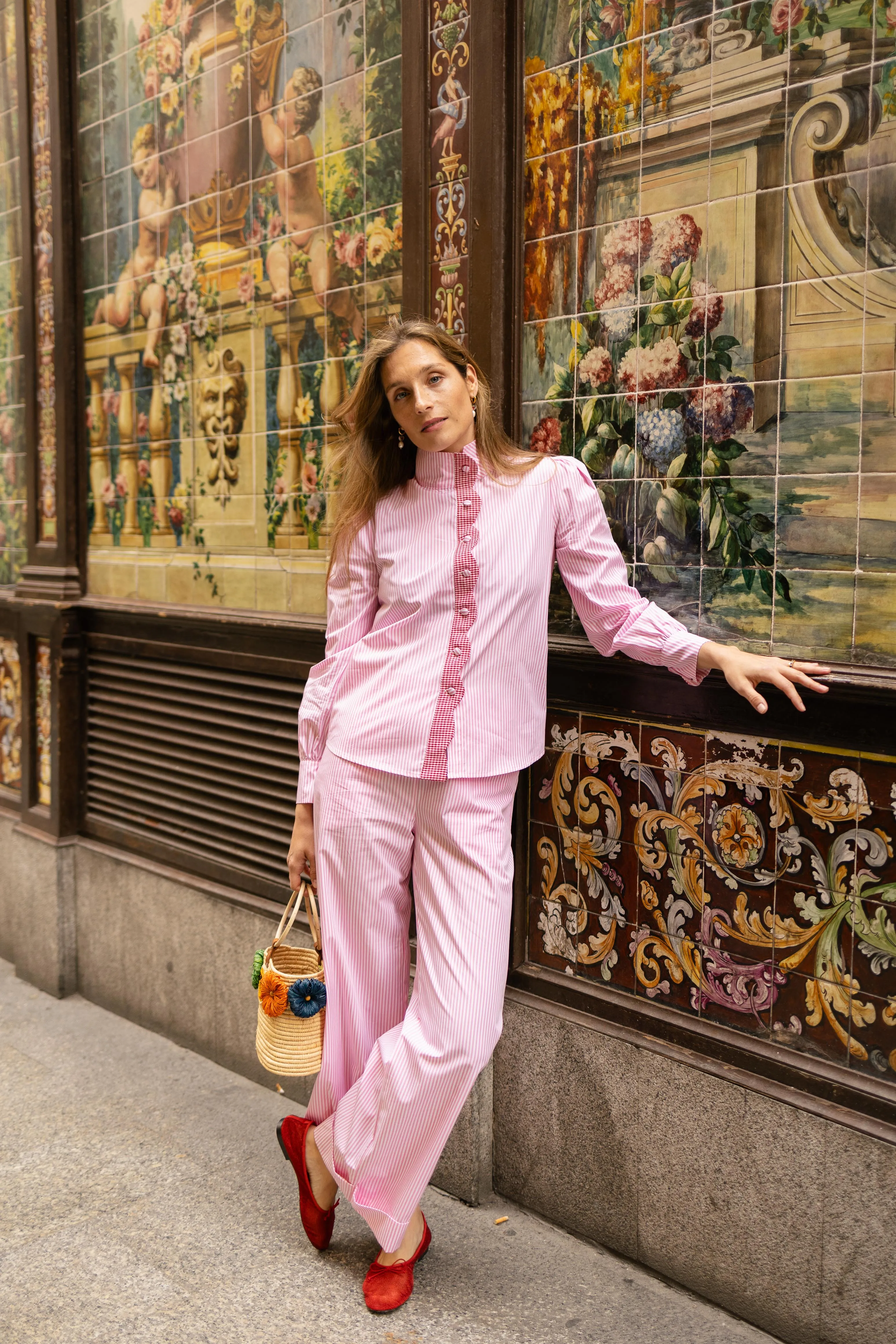 Soufflé turned up pants - pink stripes