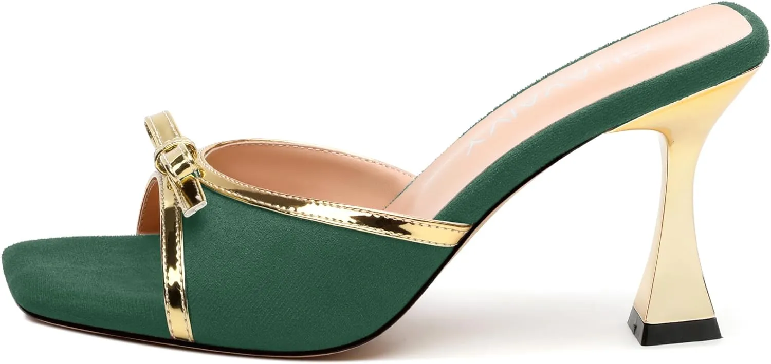 Square Toe Stilettos - Slip-On Heeled Sandals with Bow Accent, Dressy Work to Party Shoes for Women, Daily Occasion High Heels