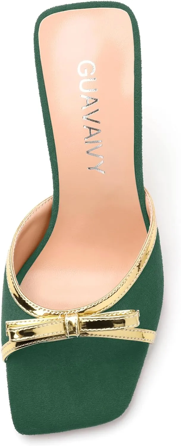 Square Toe Stilettos - Slip-On Heeled Sandals with Bow Accent, Dressy Work to Party Shoes for Women, Daily Occasion High Heels