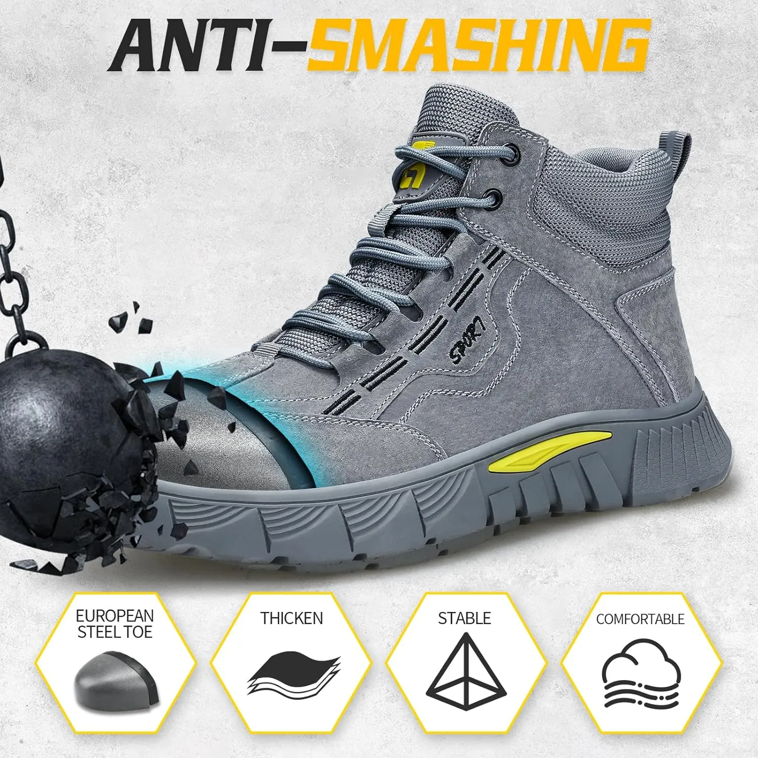Steel Toe Boots for Men Indestructible Steel Toe Shoes Breathable High Top Work Boots for Men Lightweight Safety Shoes Non Slip Work Shoes Industry Construction Safety Boots