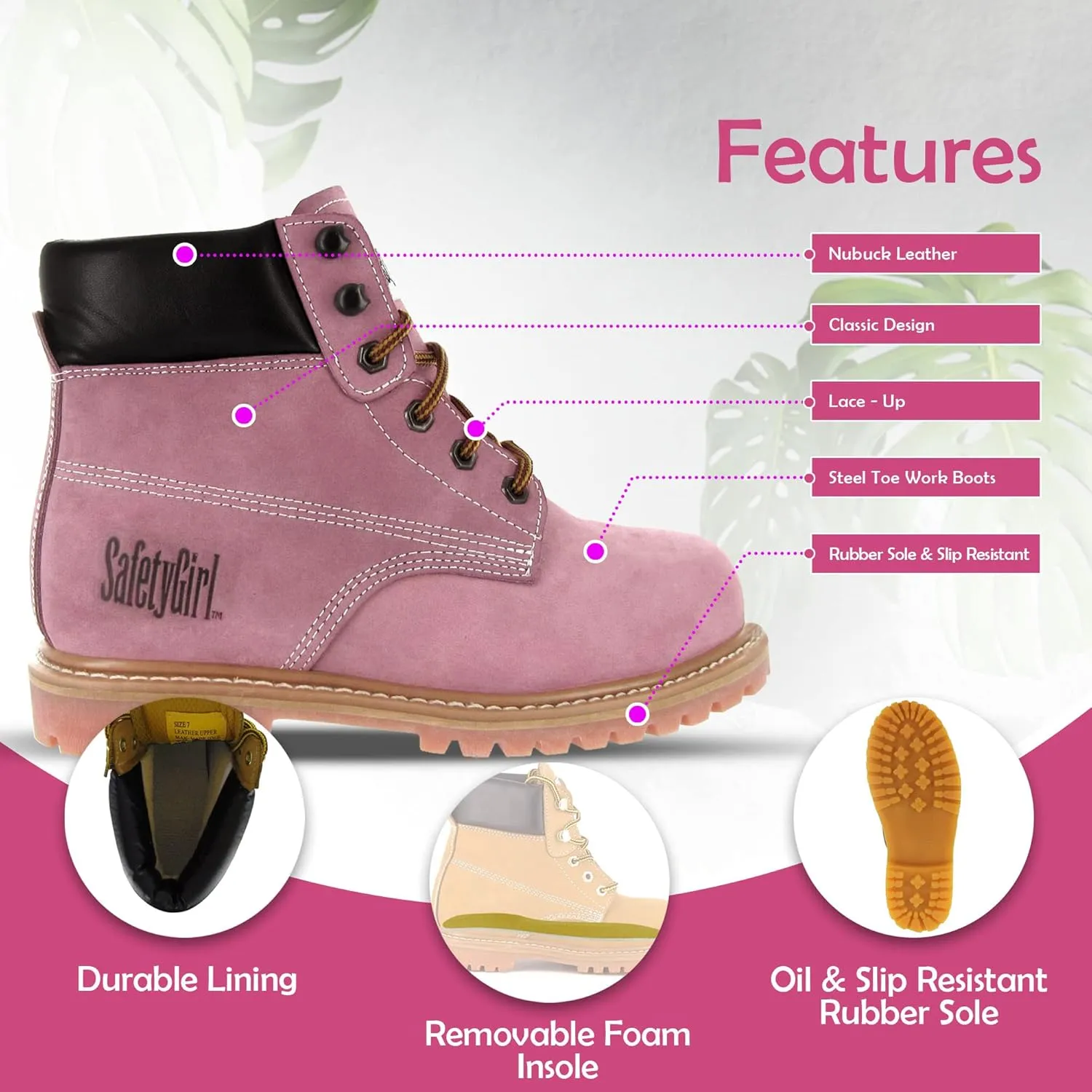 Steel Toe Boots for Women - Light Pink-10W | Waterproof Work Boots for Women Steel Toe Boots | Slip Resistant Work Shoes for Women | Lightweight Nubuck Leather for Comfort and Style