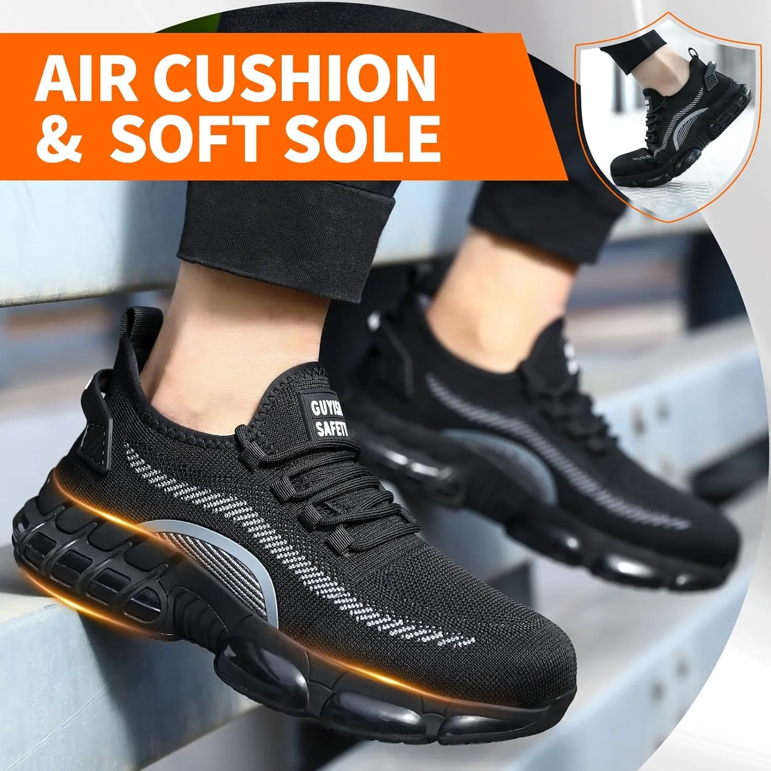 Steel Toe Shoes for Men No Slip Work Shoes Air Cushion Construction Industrial Shoes Safety Shoes Lightweight Steel Toe Sneakers for Men Women