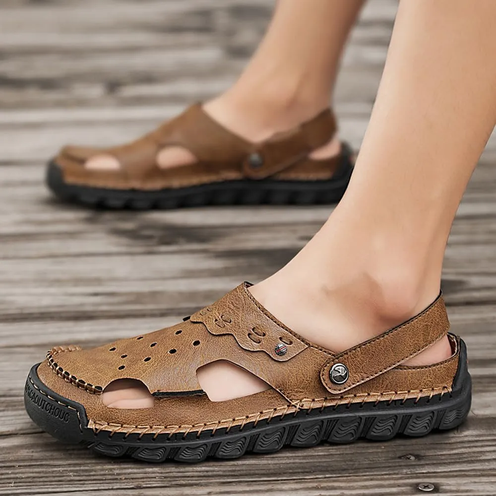 Succttssful Leather Beach Sandals for Men Closed Toe Water Sandals Casual Summer Sandals Non Slip Walking Fisherman Shoes