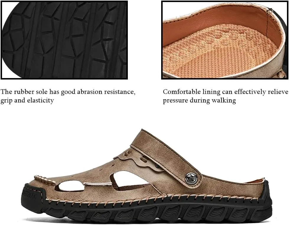 Succttssful Leather Beach Sandals for Men Closed Toe Water Sandals Casual Summer Sandals Non Slip Walking Fisherman Shoes