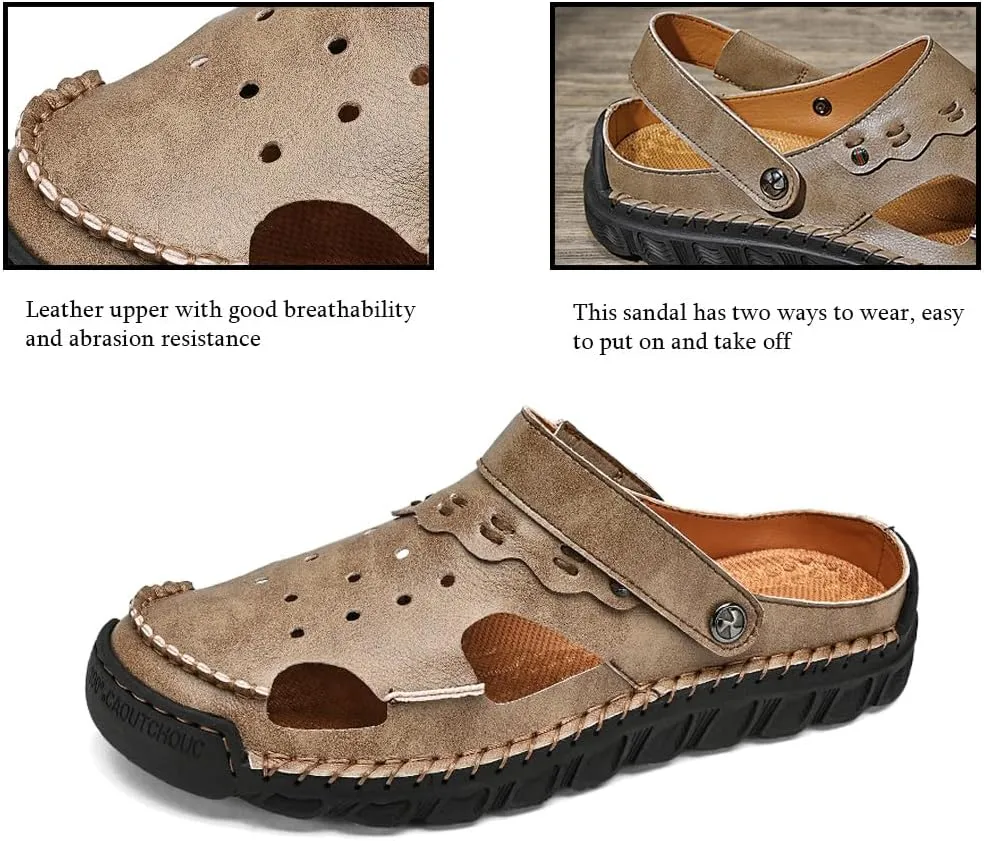Succttssful Leather Beach Sandals for Men Closed Toe Water Sandals Casual Summer Sandals Non Slip Walking Fisherman Shoes