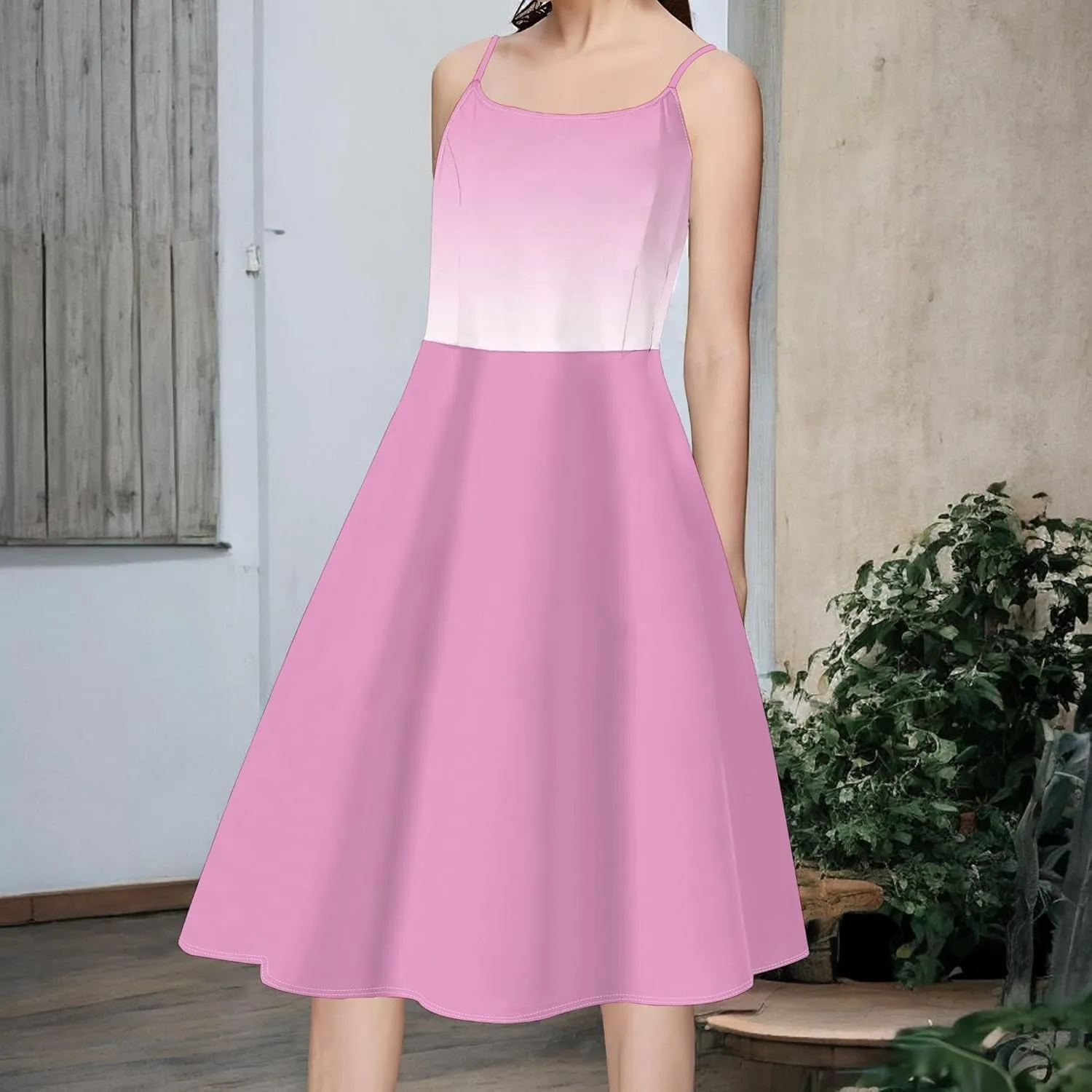 Summer Cami Midi Halter Tank Short Dress Off-Shoulder Backless Adjustable Shoulder Strap Knee-Length Sundress S-3XL