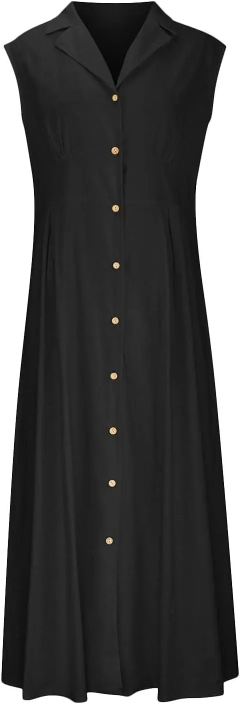 Summer Dreses for Women 2025 Casual Sleeveless Linen Maxi Dress Button Down V Neck Tank Dress Beach Long Sundress