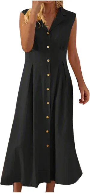 Summer Dreses for Women 2025 Casual Sleeveless Linen Maxi Dress Button Down V Neck Tank Dress Beach Long Sundress