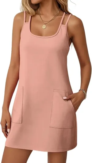 Summer Dresses for Women 2025 Sleeveless Spaghetti Strap Sexy Scoop Neck Tank Dress Casual Mini Sundress with Pocket