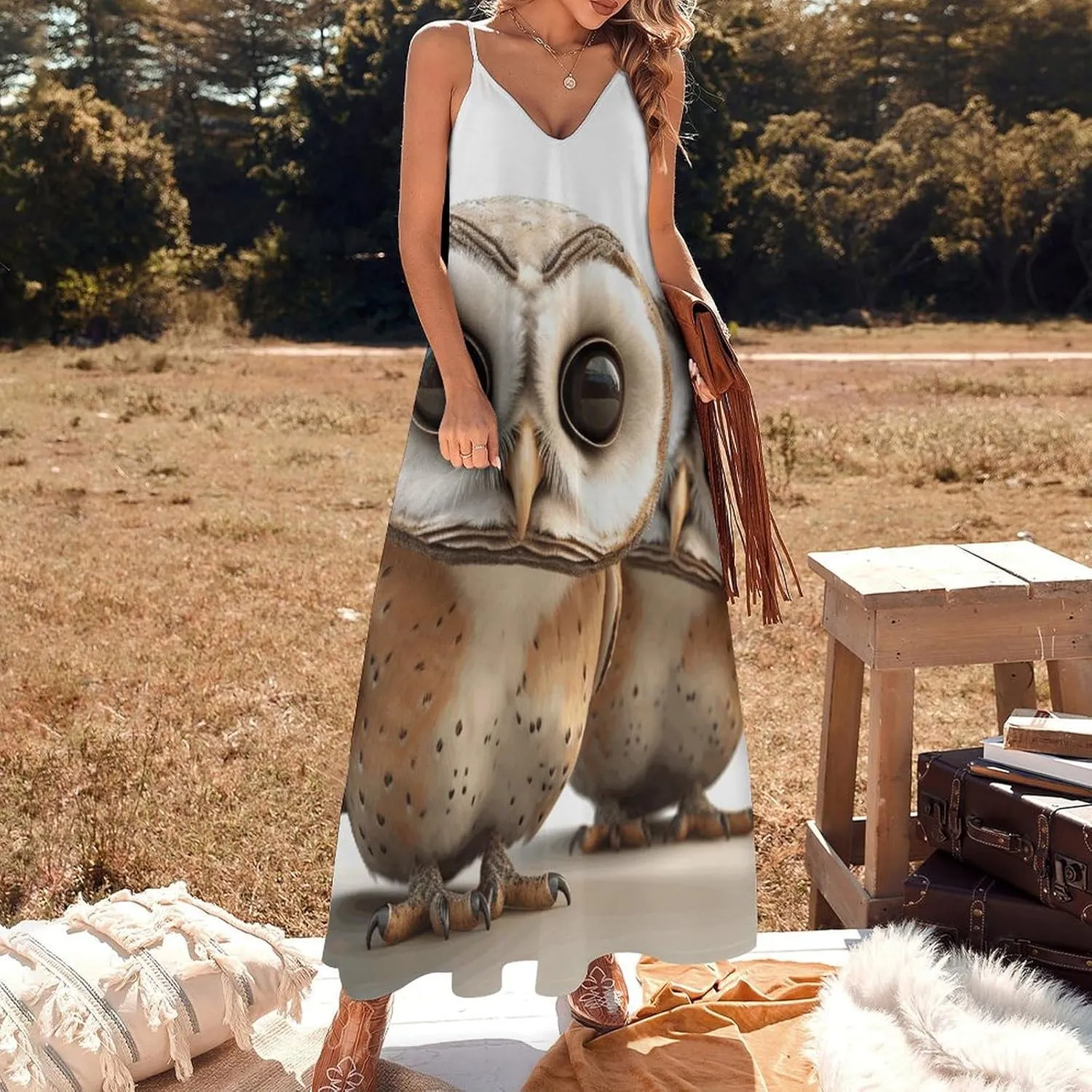 Summer Dresses Funny Owl Dress for Women Beach Long Maxi Dress Floral Print Sundress