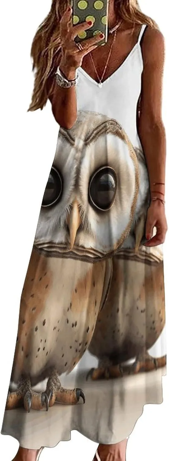 Summer Dresses Funny Owl Dress for Women Beach Long Maxi Dress Floral Print Sundress