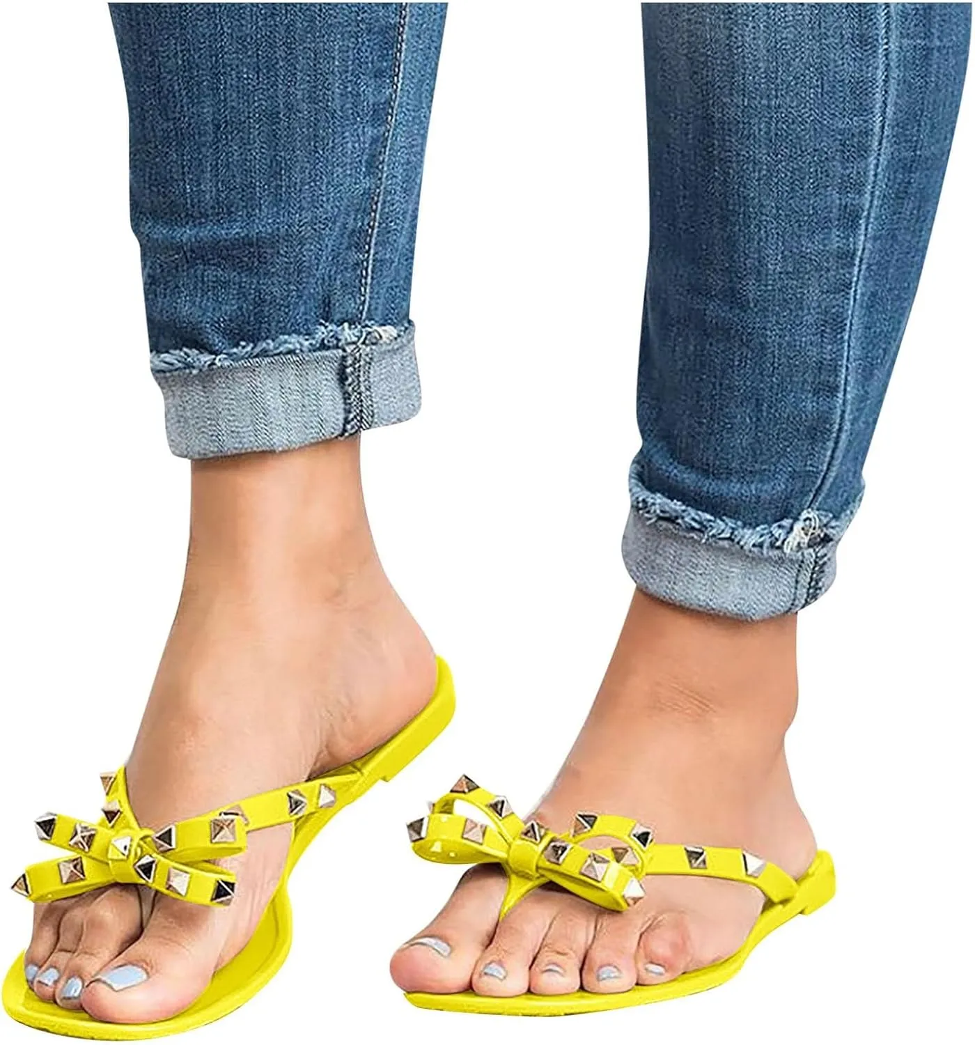 Summer Flat Sandals for Women 2025,Ladies Summer Clip Toe Slip On Slides Bing Bow Clear Rhinestones Sparkly Strap Sandal Comfy Beach Non-Slip Casual Shoe Stylish Shoes for Outdoor Indoor