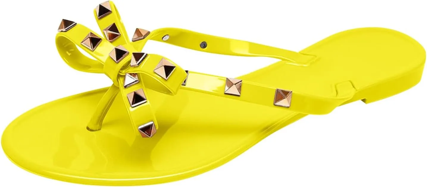 Summer Flat Sandals for Women 2025,Ladies Summer Clip Toe Slip On Slides Bing Bow Clear Rhinestones Sparkly Strap Sandal Comfy Beach Non-Slip Casual Shoe Stylish Shoes for Outdoor Indoor