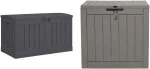 Suncast 50 Gallon Medium Capacity All Weather Construction Resin Outdoor Storage Deck Box with Arched Lid for Patio, Garden, or Pool, Peppercorn | EAST OAK Deck Box, 31 Gallon Indoor and Outdoor Storage Box