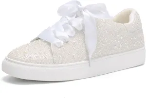 Suokdil Sparkle Rhinestone Sneakers for Women - Bling Fashion Bedazzled Platform Tennis Shoes - White Glitter Sequin Wedding and Party Shoe