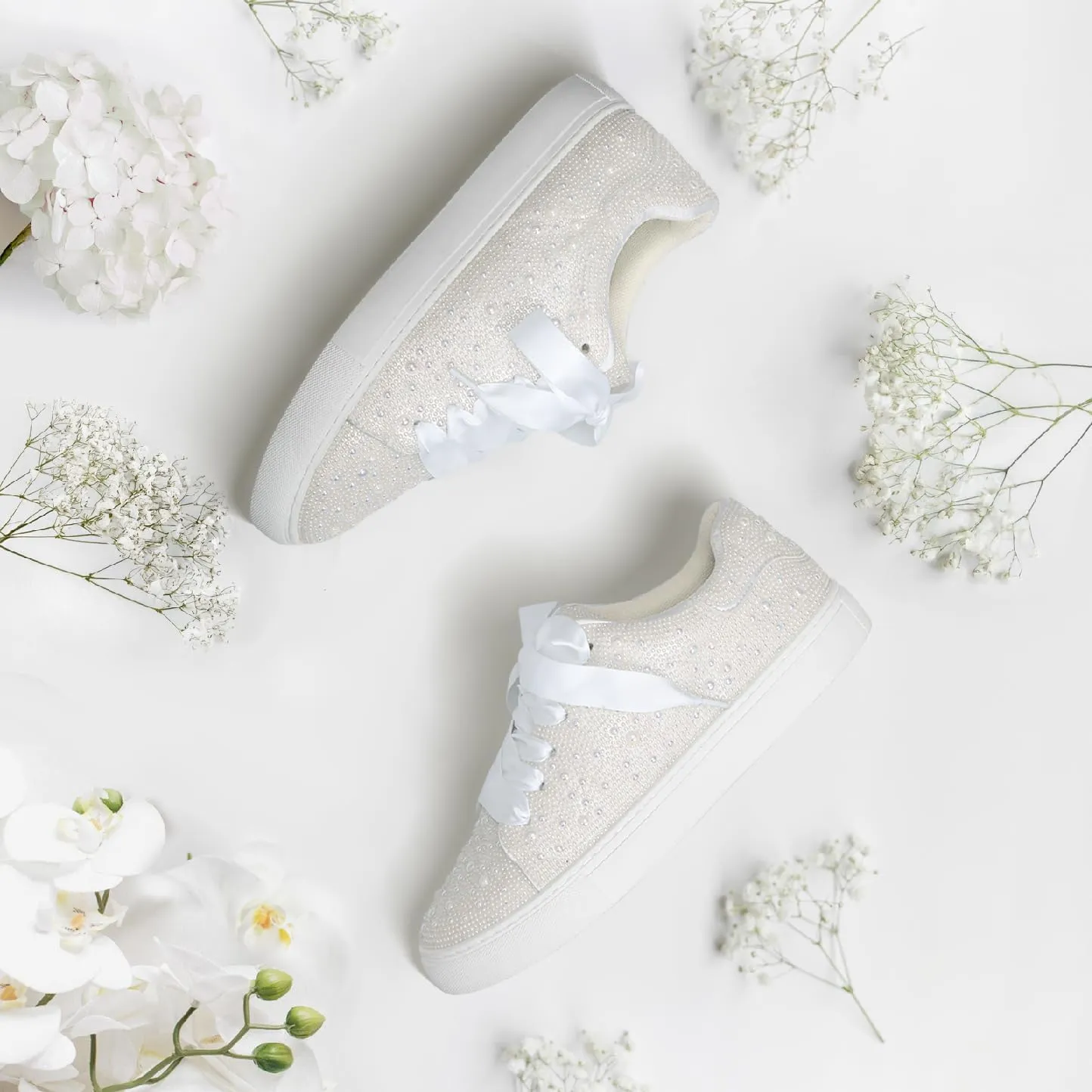 Suokdil Sparkle Rhinestone Sneakers for Women - Bling Fashion Bedazzled Platform Tennis Shoes - White Glitter Sequin Wedding and Party Shoe