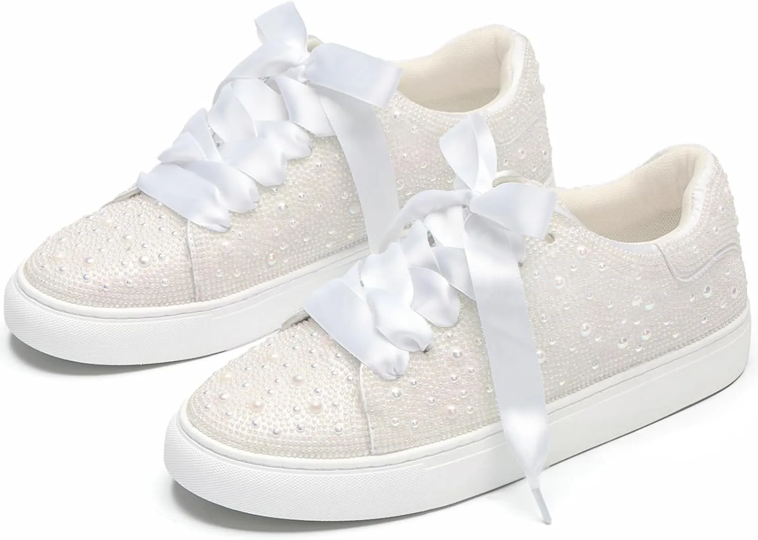 Suokdil Sparkle Rhinestone Sneakers for Women - Bling Fashion Bedazzled Platform Tennis Shoes - White Glitter Sequin Wedding and Party Shoe