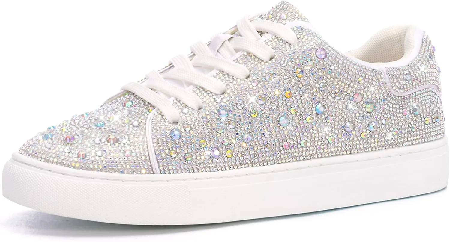 Suokdil Sparkle Rhinestone Sneakers for Women - Bling Fashion Bedazzled Platform Tennis Shoes - White Glitter Sequin Wedding and Party Shoe