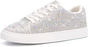 Suokdil Sparkle Rhinestone Sneakers for Women - Bling Fashion Bedazzled Platform Tennis Shoes - White Glitter Sequin Wedding and Party Shoe