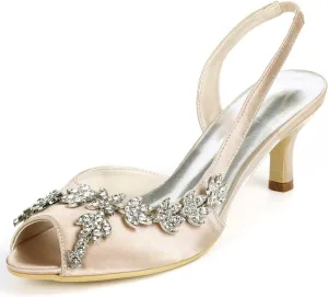 TarfiC Wedding Heels Peep Toe Wedding Shoes for Bride High Heels Slip On Rhinestones Bridal Shoes Satin Evening Party Prom Dress Shoes Pumps