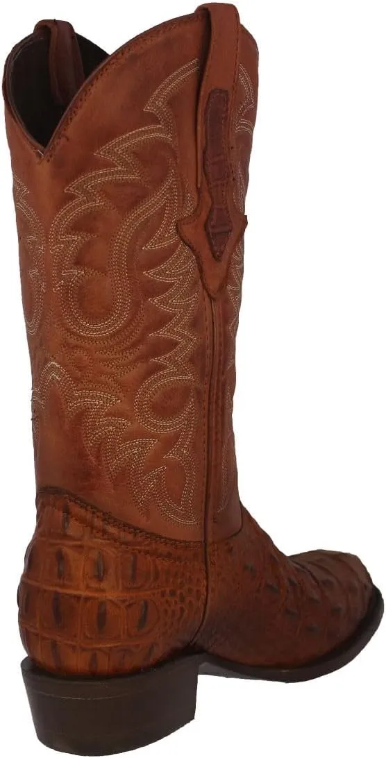 TEXAS LEGACY Mens Cognac Western Leather Cowboy Boots Crocodile Back Print Round Toe